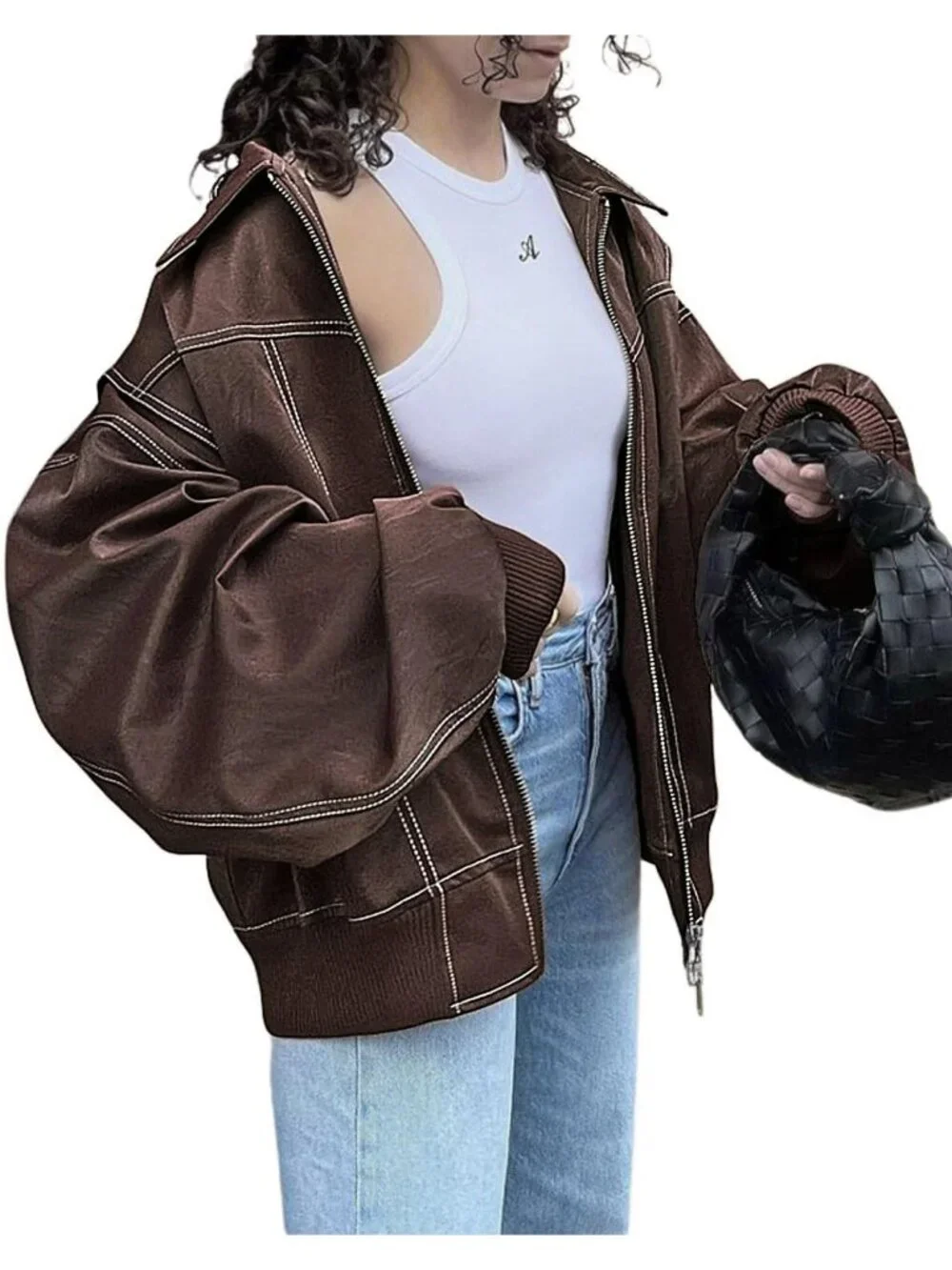 Women's Coffee Faux Leather Motorcycle Jacket Oversized Zip Up Loose Winter Coat